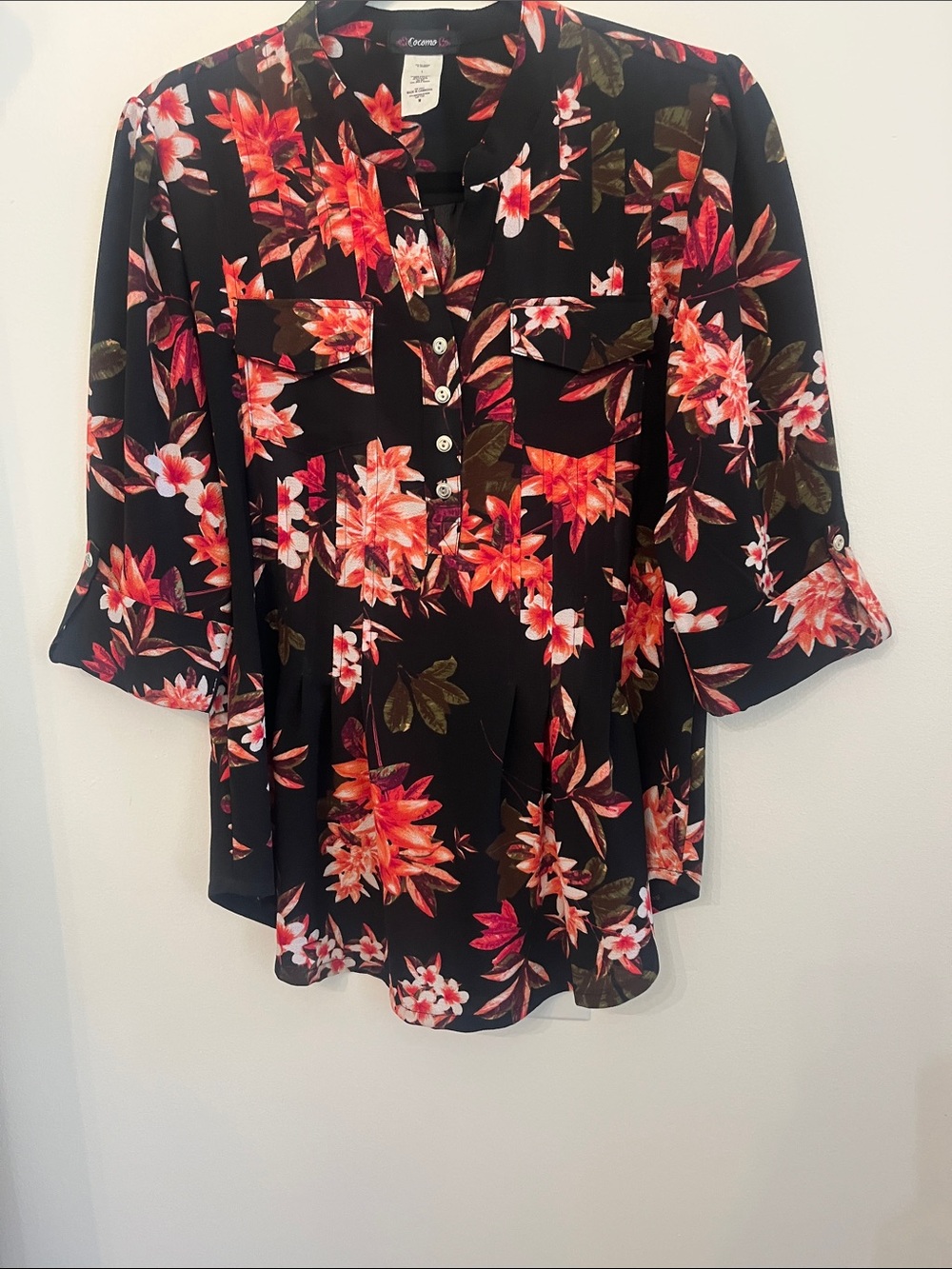 Cocomo Black Blouse with Coral & Pink Floral Print Size M